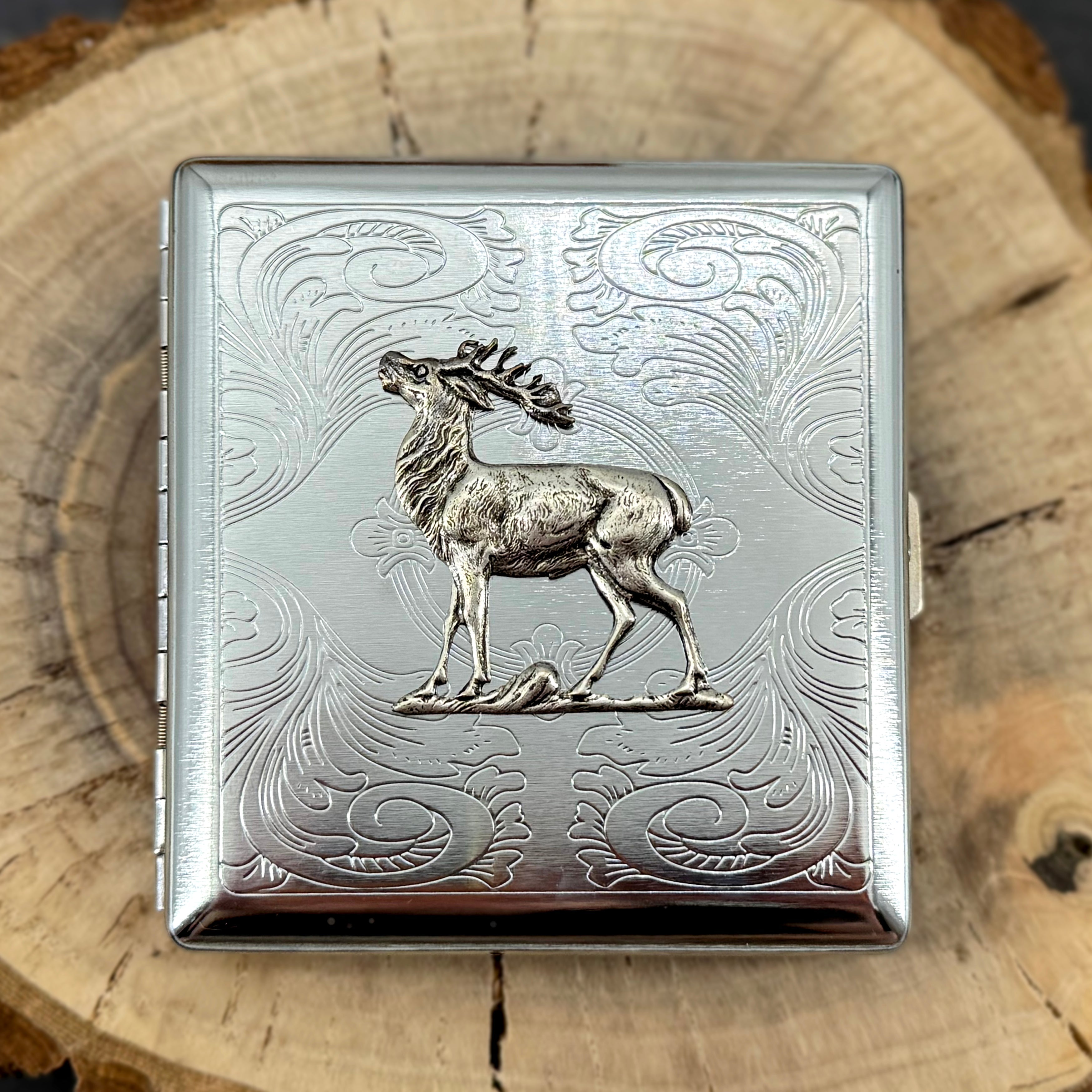 Wildlife-inspired elk business card holder with polished silver finish
