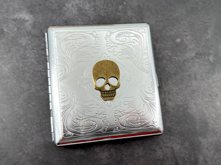 Halloween skull cigarette case handmade by Harmless Habit Studio