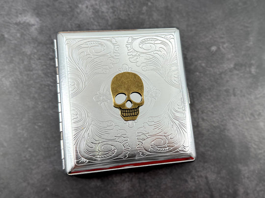 Halloween skull cigarette case handmade by Harmless Habit Studio