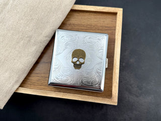 Handmade gothic skull cigarette case in silver and antique bronze