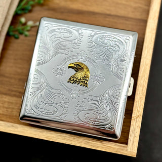 Eagle card holder with ornate engraved silver finish and raised bird detail