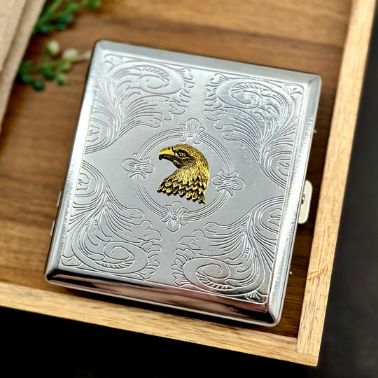 Eagle card holder with ornate engraved silver finish and raised bird detail