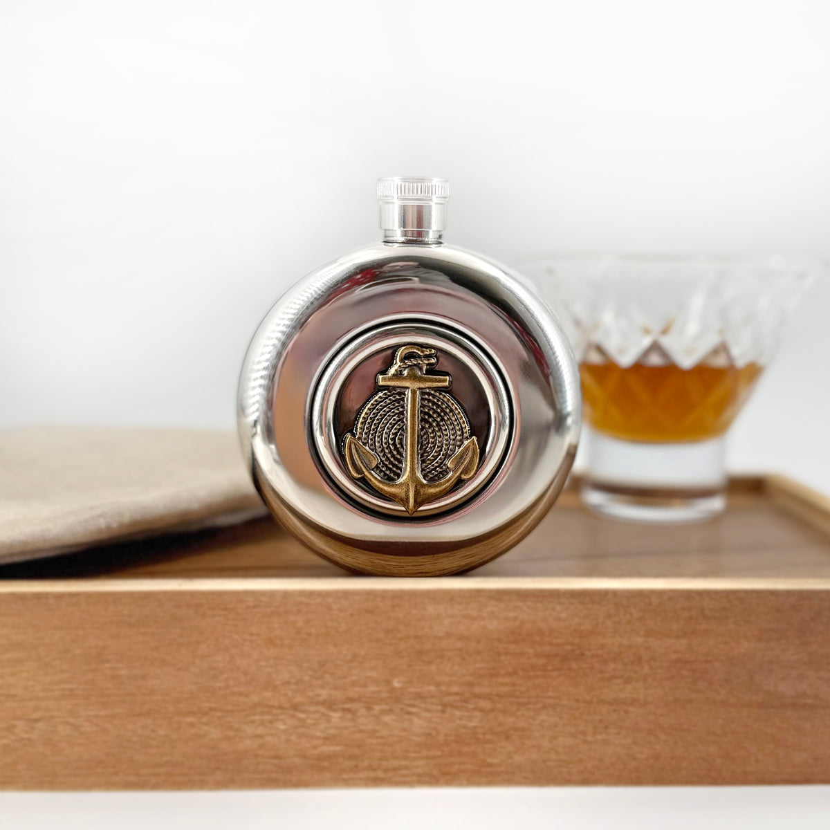 Handmade nautical stainless steel flask with antique bronze anchor