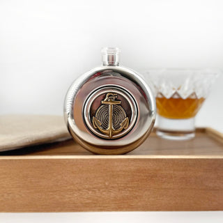 Handmade nautical stainless steel flask with antique bronze anchor