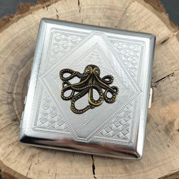 Nautical octopus cigarette case closed front view with polished silver finish