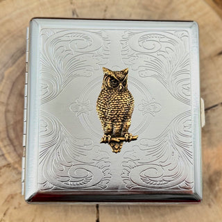 Handmade woodland cigarette case with antique bronze owl
