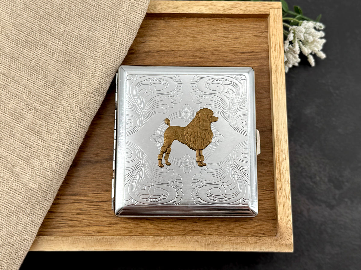 Poodle dog metal card holder with bronze and silver finish