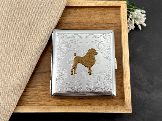 Poodle dog metal card holder with bronze and silver finish