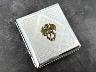 Handmade dragon cigarette case with bronze fantasy motif and textured silver metal finish