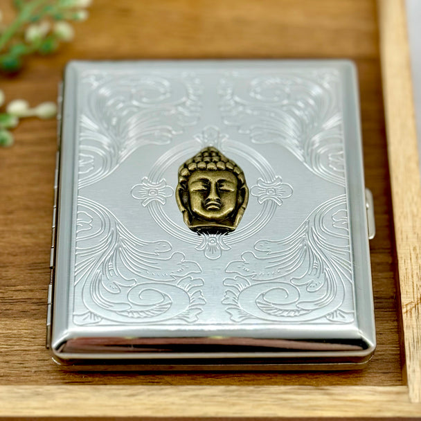 Buddha pocket case styled on a wooden tray with engraved silver finish