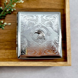 Handmade eagle cigarette case with ornate scrollwork detailing and Americana-inspired styling