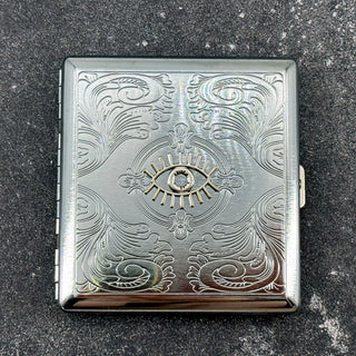 Mystical evil eye card holder with decorative engraved floral scroll design