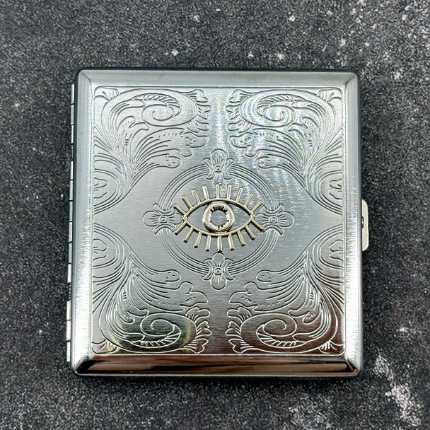 Mystical evil eye card holder with decorative engraved floral scroll design