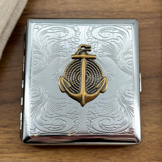 Close-up of maritime pocket case with anchor emblem