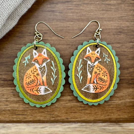 Hand-painted woodland fox earrings with layered laser cut wood details