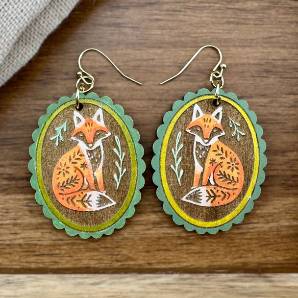 Hand-painted woodland fox earrings with layered laser cut wood details