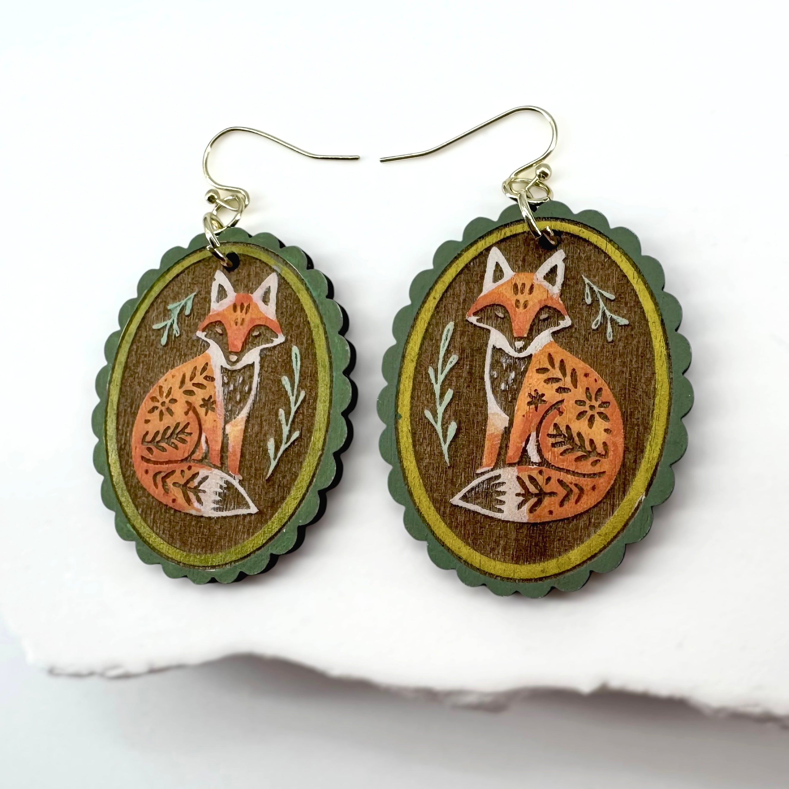 Whimsical fox statement earrings with botanical engraving details