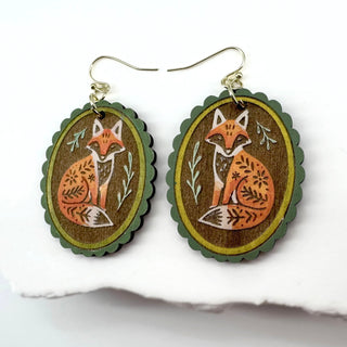 Whimsical fox statement earrings with botanical engraving details