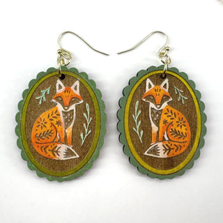 Woodland-inspired fox earrings with hand-painted floral accents