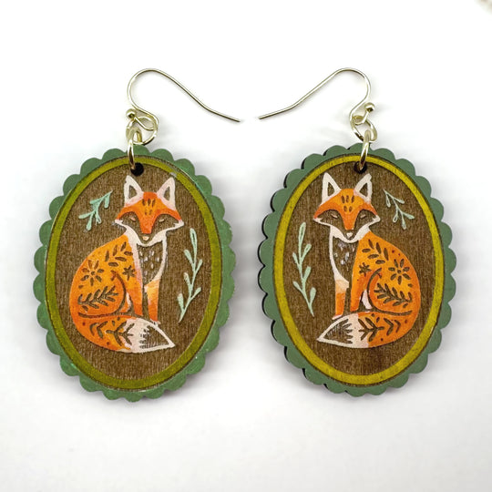 Woodland-inspired fox earrings with hand-painted floral accents