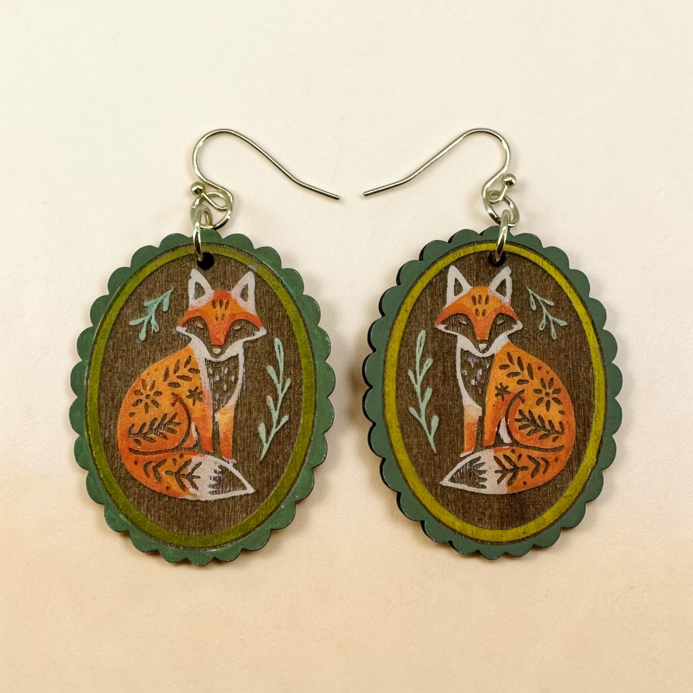Rustic woodland fox jewelry handmade with engraved wood details