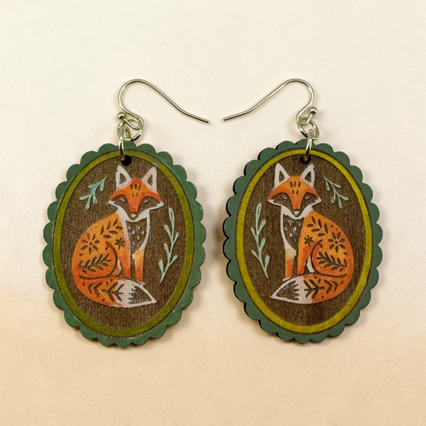 Rustic woodland fox jewelry handmade with engraved wood details