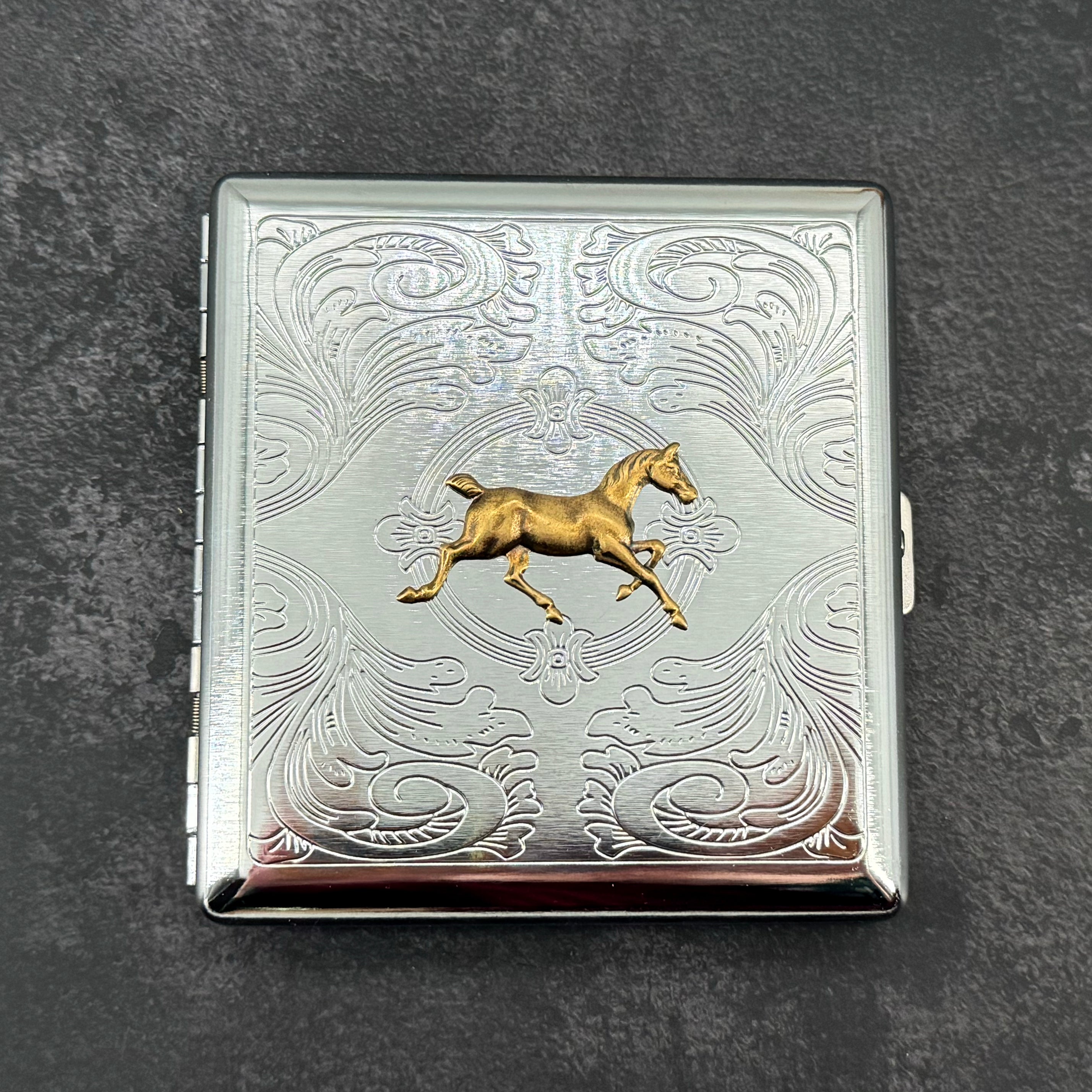 Handmade horse cigarette case with raised galloping horse charm on stamped silver metal case