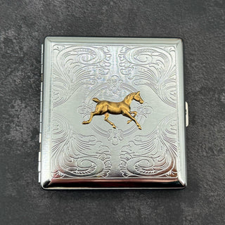 Handmade horse cigarette case with raised galloping horse charm on stamped silver metal case