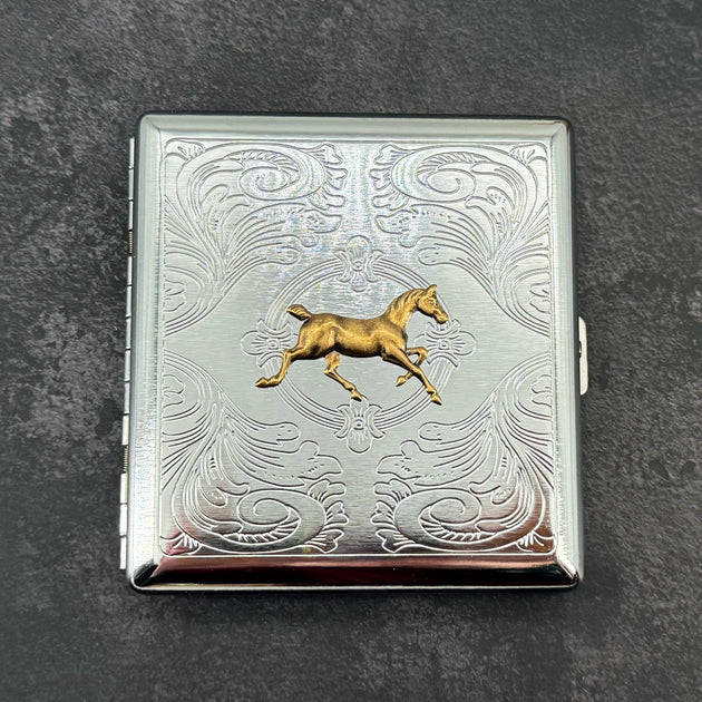 Handmade horse cigarette case with raised galloping horse charm on stamped silver metal case