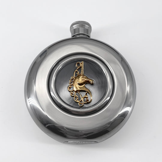 Mirror finish flask with a gold unicorn