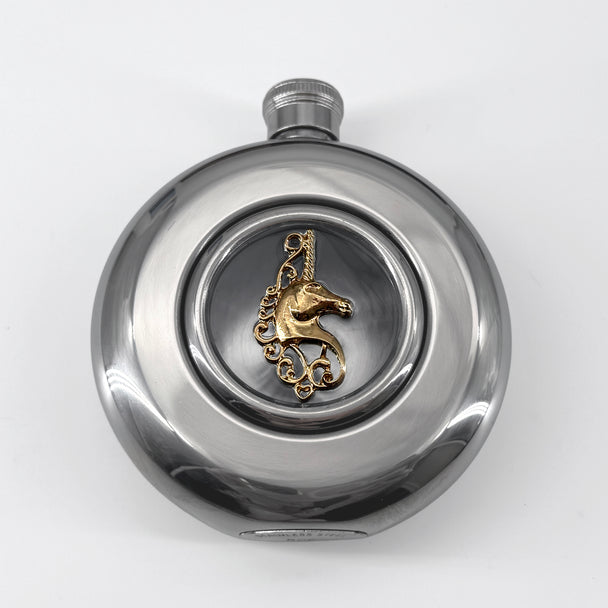 Mirror finish flask with a gold unicorn