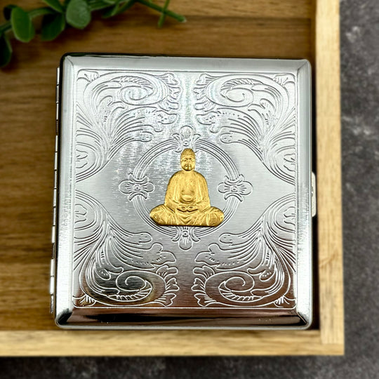 Handcrafted Buddha cigarette case and card holder with raised gold Buddha and decorative metal finish