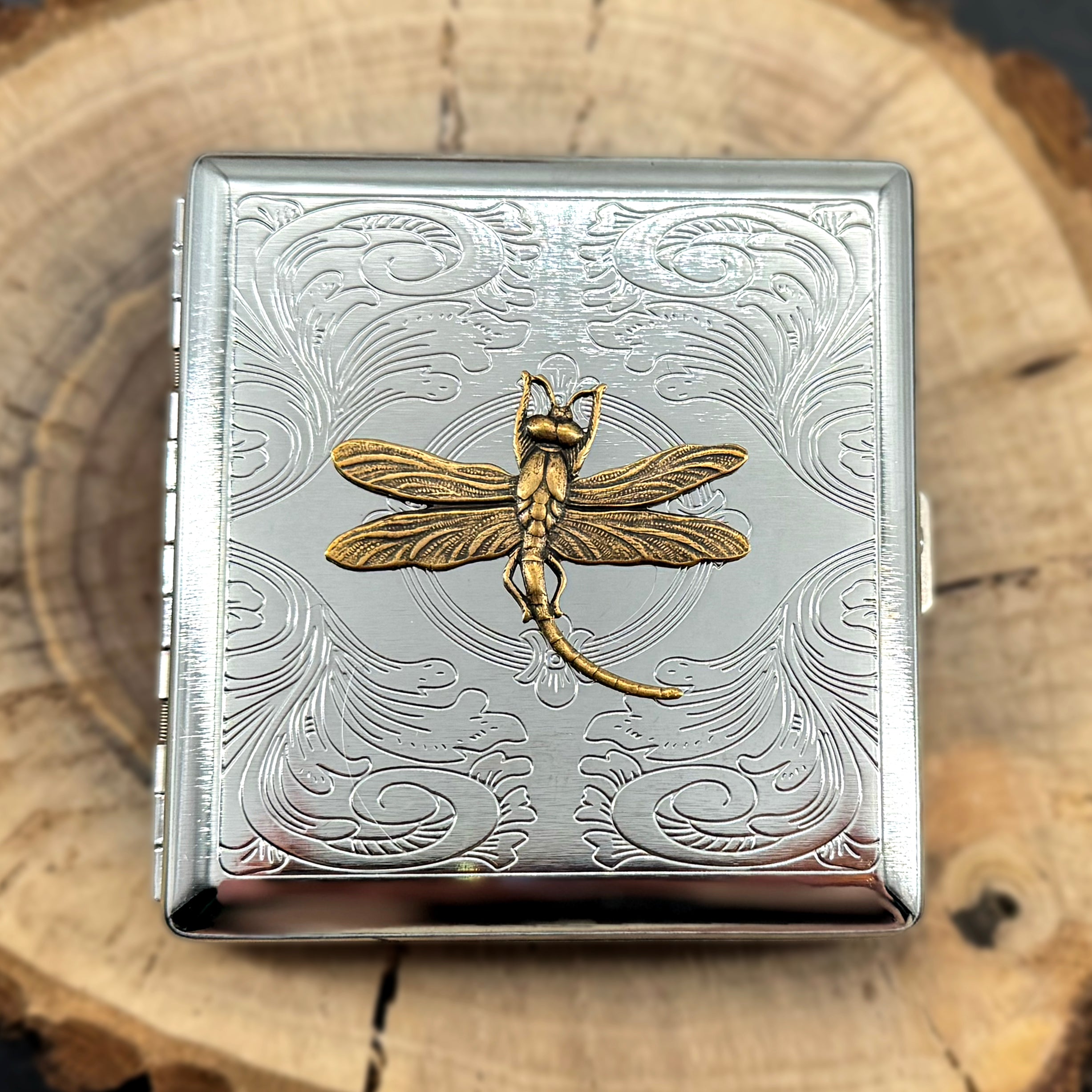 Handmade dragonfly cigarette case for cards, cash, or slim pre-rolls