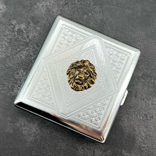 Handmade metal lion case featuring detailed engraved geometric pattern and bronze lion centerpiece