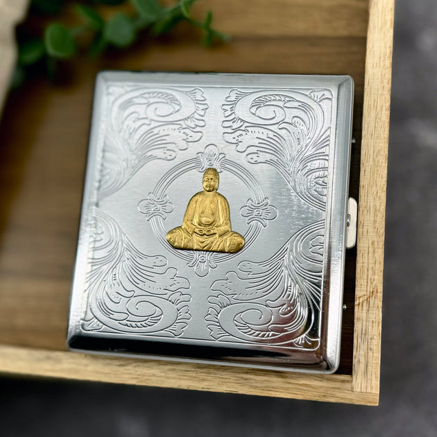 Handmade Golden Buddha cigarette case featuring raised Buddha design with engraved ornamental background