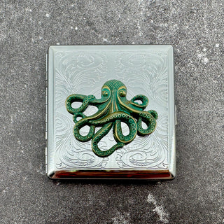 Kraken Case metal pocket case with raised octopus emblem and stamped scrollwork