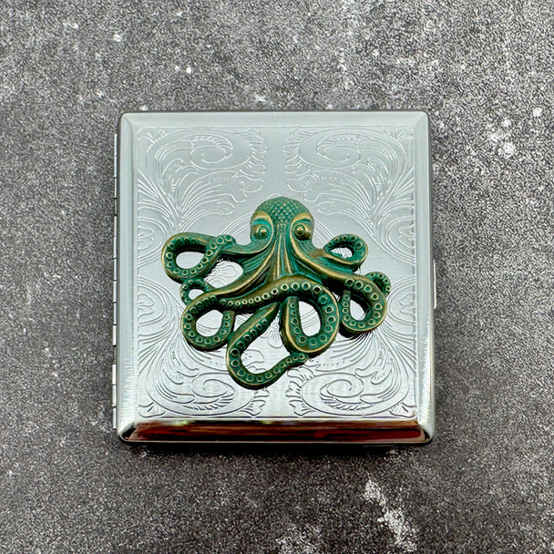 Kraken Case metal pocket case with raised octopus emblem and stamped scrollwork