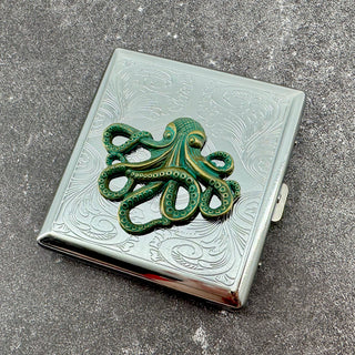 Handmade octopus cigarette case with green kraken design on silver metal case