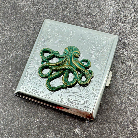 Handmade octopus cigarette case with green kraken design on silver metal case
