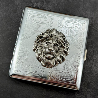 Majestic lion metal card holder featuring detailed raised lion sculpture on silver case