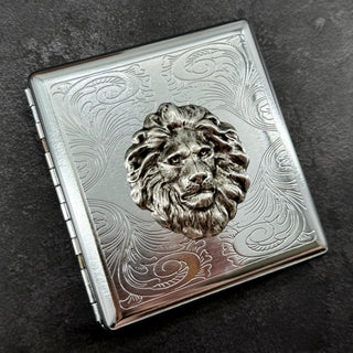 Wildlife-inspired lion business card holder with ornate scrollwork and polished finish