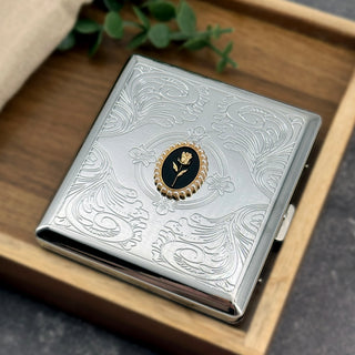Handmade floral cigarette case with vintage rose centerpiece and ornate scrollwork detailing