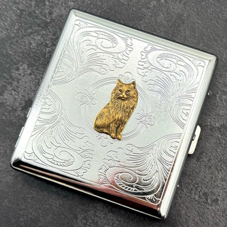Handmade cat cigarette case displayed closed with raised longhair cat detail