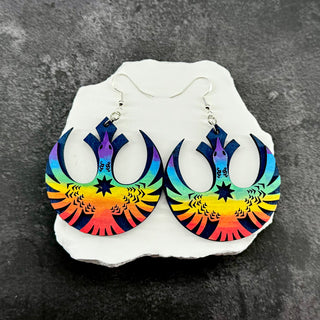Laser cut wooden rebel loon earrings with rainbow hand-painted finish