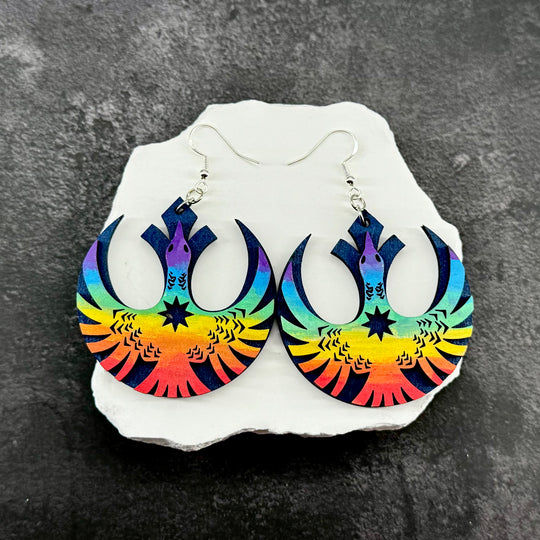 Laser cut wooden rebel loon earrings with rainbow hand-painted finish