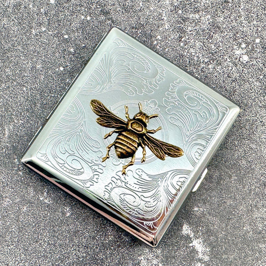 Handcrafted bee cigarette case and card holder with raised golden bee and ornamental metal finish