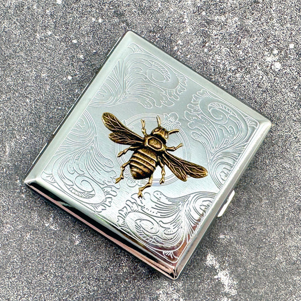 Handcrafted bee cigarette case and card holder with raised golden bee and ornamental metal finish