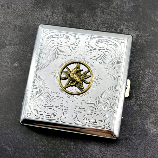 Gothic raven cigarette case with celestial pentacle detail and ornate engraved finish