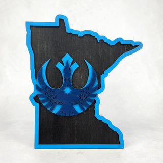 Minnesota-shaped sign with a blue emblem on a white background