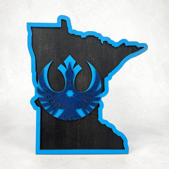 Minnesota-shaped sign with a blue emblem on a white background